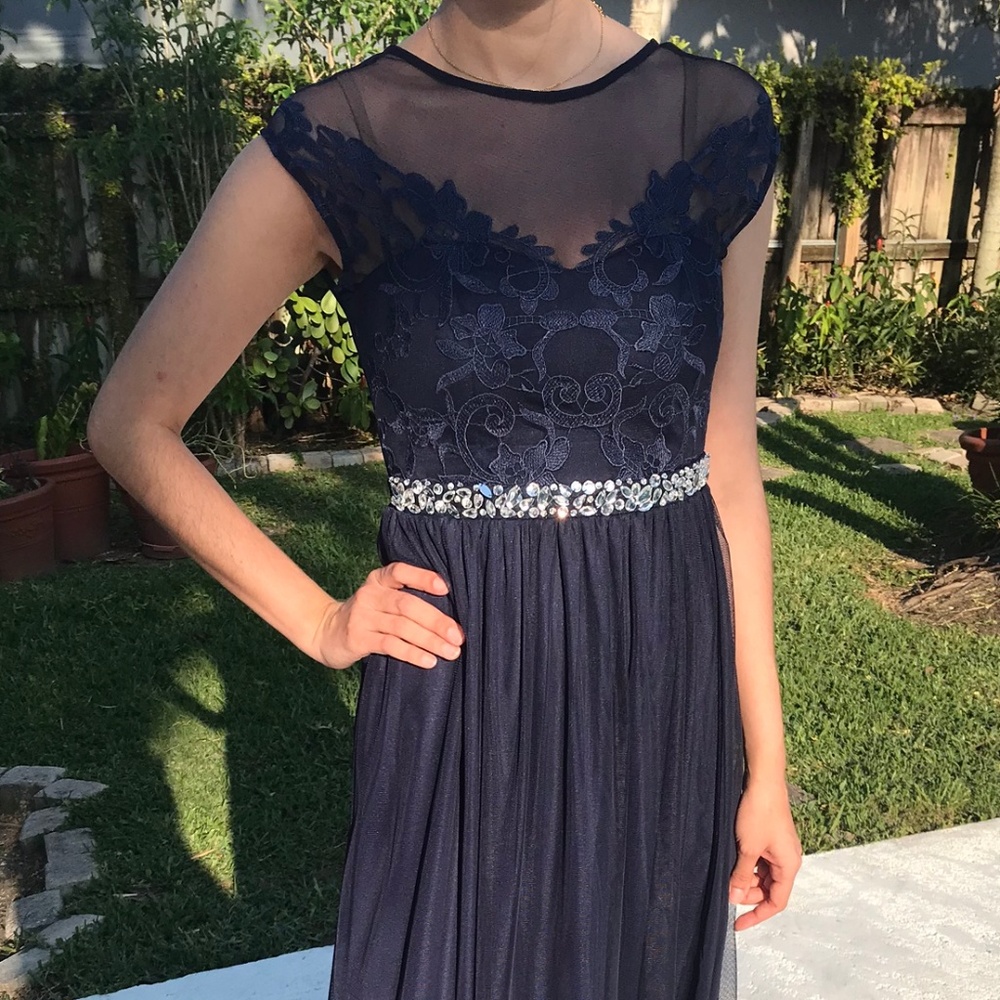 Long navy blue evening or prom dress